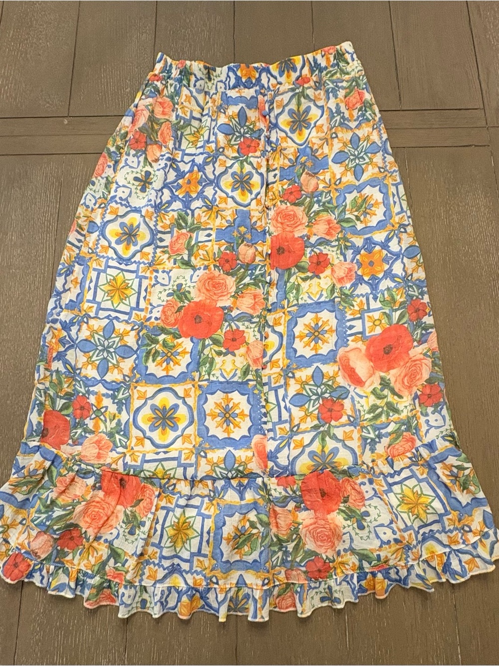Floral Tile Print Ruffled Hem maxi Skirt - Blue & Coral